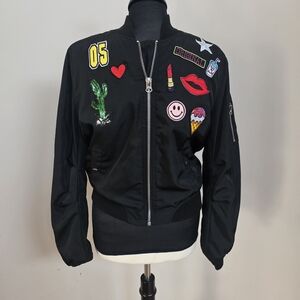 Design Lab Lord & Taylor Black Bomber Jacket with Colorful Patches